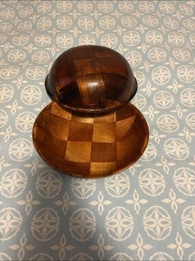 Vintage Woven Wood Serving Bowls Set of 2 Rustic Boho Decor